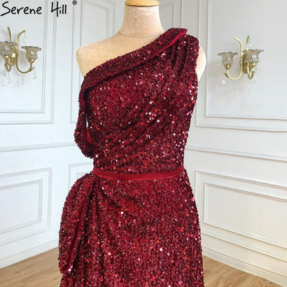 Wine Red Split A-Line Luxury Evening Dresses Gowns 2025 One Shoulder Sexy For Women Party LA71005