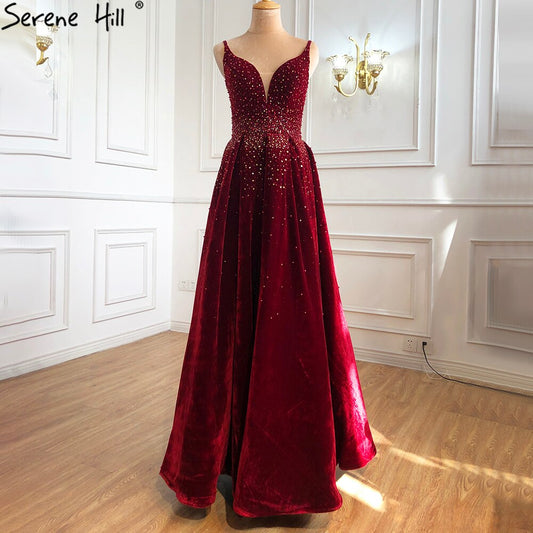 On Sale no return no refundSale Wine Red Velvet Luxury Evening Dresses Gowns 2025 A-Line Beading Sexy For Women Party LA70956