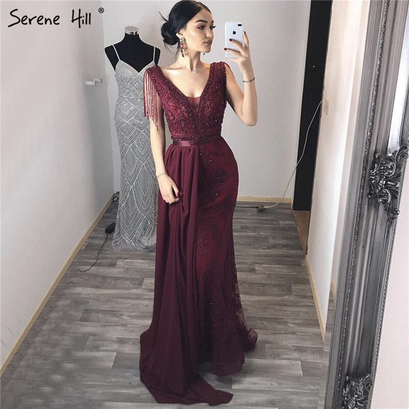 Weinrot mit abnehmbaren Schärpen Abendkleider 2025 Dubai Plus Size Perlen Quaste Luxus Abendkleid LA60846 