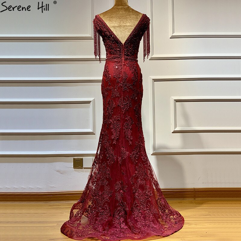 Weinrot mit abnehmbaren Schärpen Abendkleider 2025 Dubai Plus Size Perlen Quaste Luxus Abendkleid LA60846 