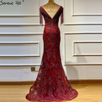 Weinrot mit abnehmbaren Schärpen Abendkleider 2025 Dubai Plus Size Perlen Quaste Luxus Abendkleid LA60846 