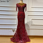 Weinrot mit abnehmbaren Schärpen Abendkleider 2025 Dubai Plus Size Perlen Quaste Luxus Abendkleid LA60846 