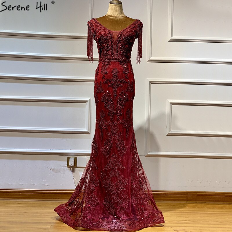 Weinrot mit abnehmbaren Schärpen Abendkleider 2025 Dubai Plus Size Perlen Quaste Luxus Abendkleid LA60846 