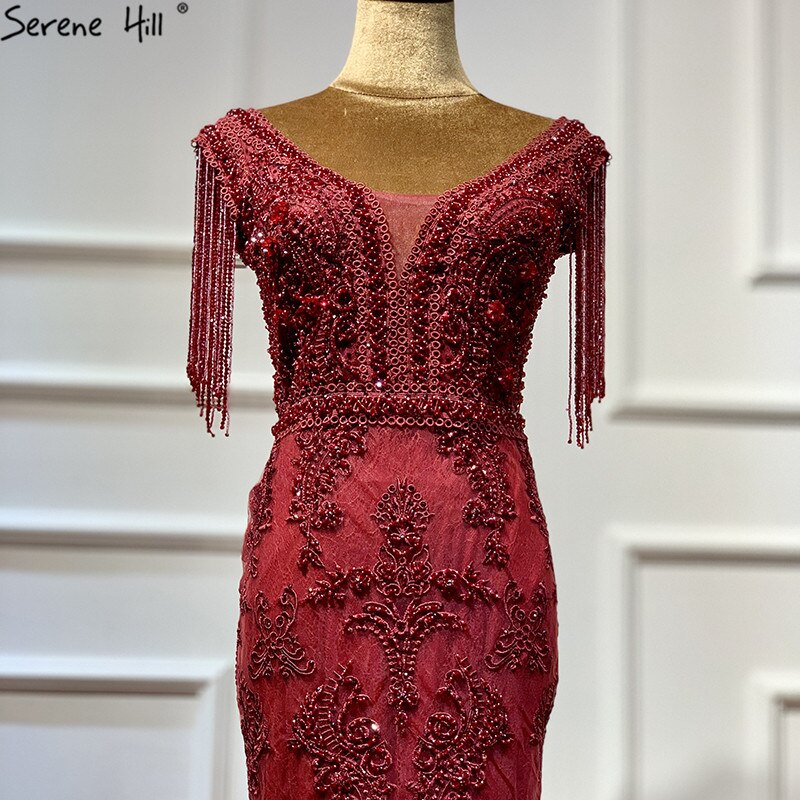 Weinrot mit abnehmbaren Schärpen Abendkleider 2025 Dubai Plus Size Perlen Quaste Luxus Abendkleid LA60846 