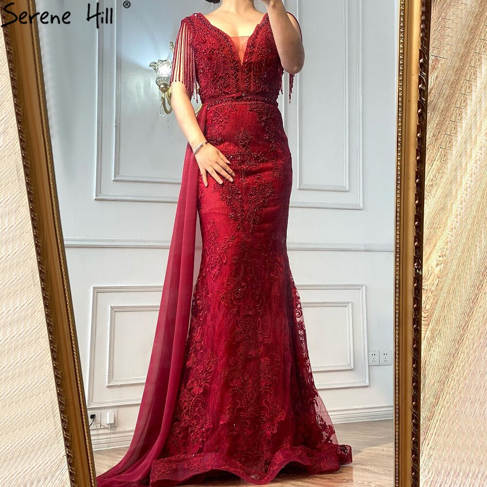 Weinrot mit abnehmbaren Schärpen Abendkleider 2025 Dubai Plus Size Perlen Quaste Luxus Abendkleid LA60846 