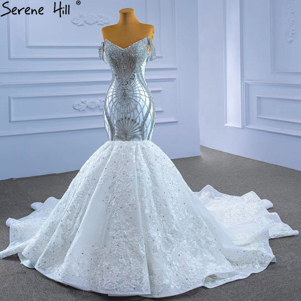 Weiß Kralen Diamant Brautkleider 2025 Meerjungfrau Elegant Luxe Bruid Toga HM67385 Maßgeschneidert 