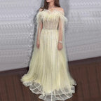 Vestido de noche largo árabe amarillo con mangas tipo capa, corte A y plumas, para mujer, ideal para bodas, 2025, LA72190 