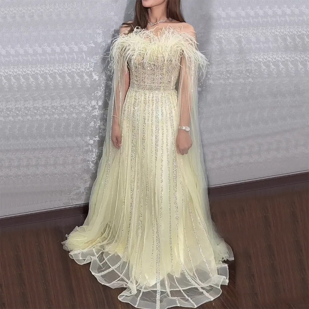 Yellow A Line Cape Sleeves Beaded Feathers Arabic Long Evening Dresses Gowns For Women Wedding Party 2025 LA72190