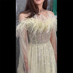 Vestido de noche largo árabe amarillo con mangas tipo capa, corte A y plumas, para mujer, ideal para bodas, 2025, LA72190 