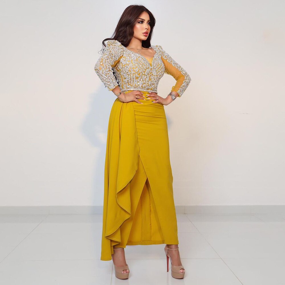 Yellow Long Sleeves Mermaid Evening Dresses with Skirt Beaded Dubai Mid Length Party Gowns 2025 For Woman LA72079