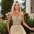 Vestido de noche amarillo de sirena, sexy, con abertura alta y un hombro, con cuentas, para mujer, para fiesta de bodas 2025 LA71979