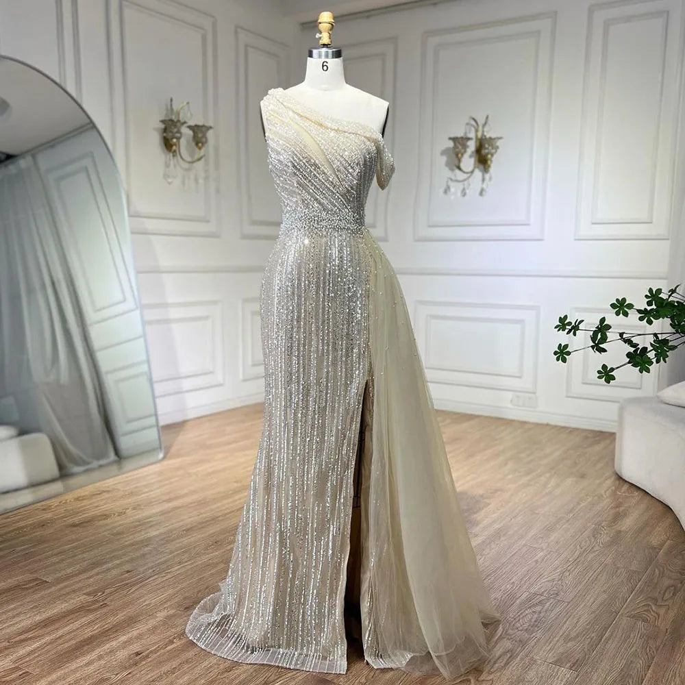Yellow One Shoulder Black High Split Mermaid Beaded Evening Dresses Gowns for Women Wedding Party 2025 LA72424