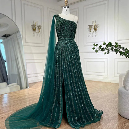 Yellow One-Shoulder Cape Sleeve 2025 Luxury Beaded  Formal Occasion Evening Dresses Gowns For Women Party LA71671