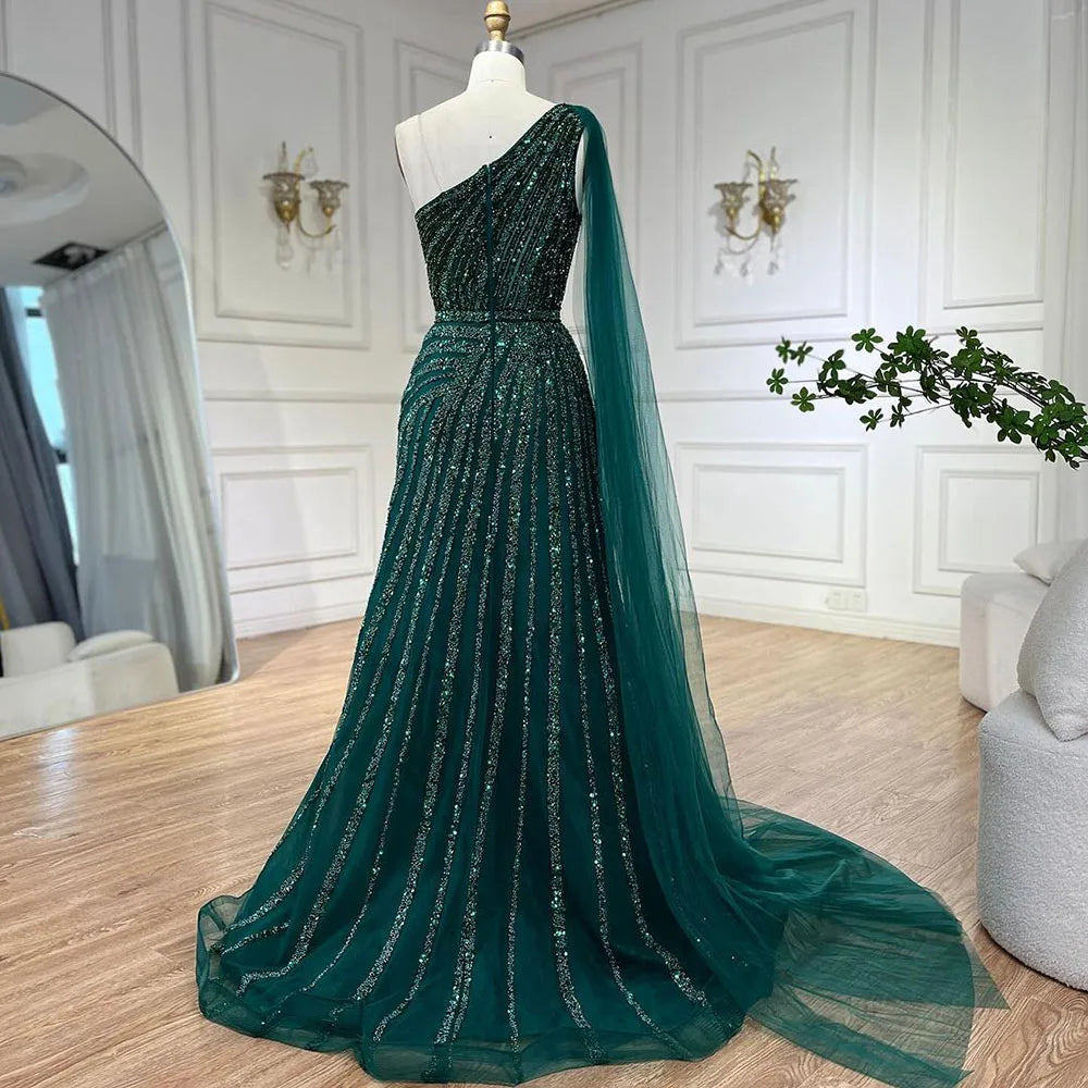 Yellow One-Shoulder Cape Sleeve 2025 Luxury Beaded  Formal Occasion Evening Dresses Gowns For Women Party LA71671