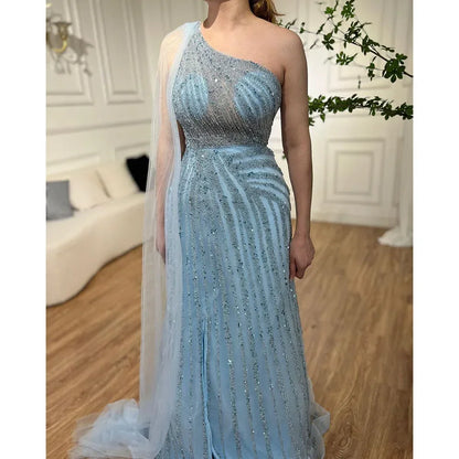 Yellow One-Shoulder Cape Sleeve 2025 Luxury Beaded  Formal Occasion Evening Dresses Gowns For Women Party LA71671