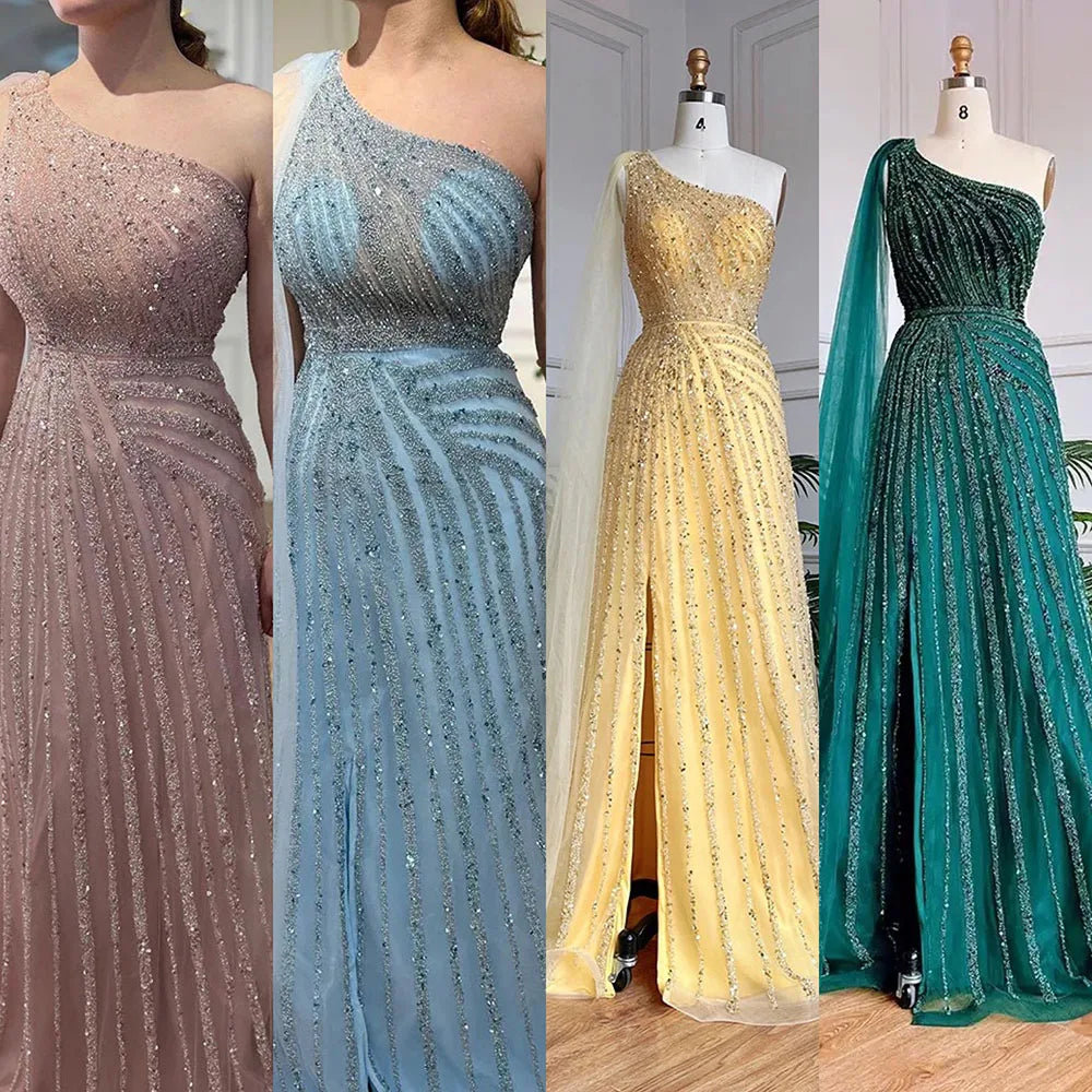 Yellow One-Shoulder Cape Sleeve 2025 Luxury Beaded  Formal Occasion Evening Dresses Gowns For Women Party LA71671