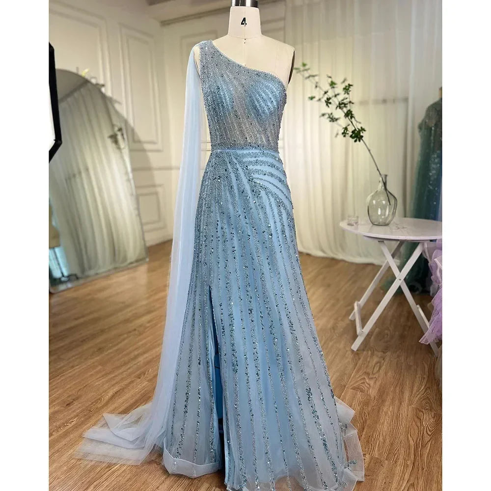 Yellow One-Shoulder Cape Sleeve 2025 Luxury Beaded  Formal Occasion Evening Dresses Gowns For Women Party LA71671