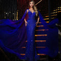 Vestido de noche de lujo con escote en V, sirena azul, sexy, mangas largas, con cuentas, para mujer, boda, fiesta, LA72198 