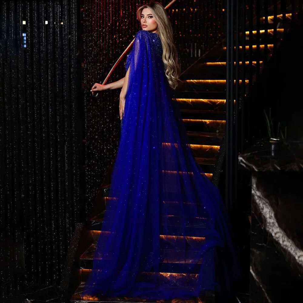 Vestido de noche de lujo con escote en V, sirena azul, sexy, mangas largas, con cuentas, para mujer, boda, fiesta, LA72198 