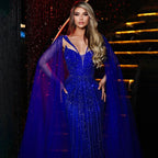 Vestido de noche de lujo con escote en V, sirena azul, sexy, mangas largas, con cuentas, para mujer, boda, fiesta, LA72198 