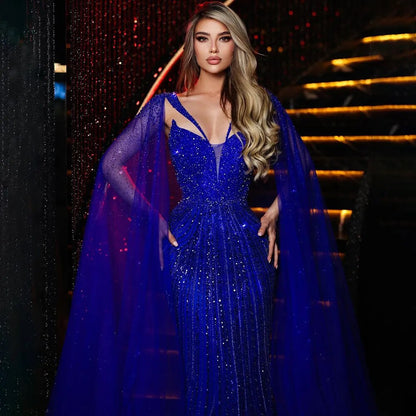 Blaue Meerjungfrau Sexy V-Ausschnitt Cape-Ärmel Luxus Abendkleider Kleider 2025 Perlen Für Frauen Hochzeit Party LA72198 