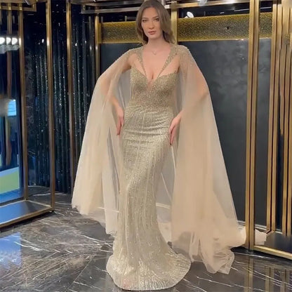 Blaue Meerjungfrau Sexy V-Ausschnitt Cape-Ärmel Luxus Abendkleider Kleider 2025 Perlen Für Frauen Hochzeit Party LA72198 