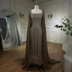 Caramel Mermaid Ankle Length Beaded Evening Dress Gown with Feathers LA71492B