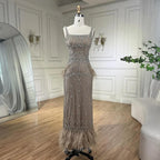 Caramel Mermaid Ankle Length Beaded Evening Dress Gown with Feathers LA71492B