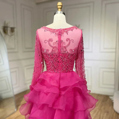 Vestido de noche largo estilo sirena fucsia con cuentas y falda de tul, de lujo, estilo Dubái, para mujer, para boda, fiesta, 2025, LA72379 