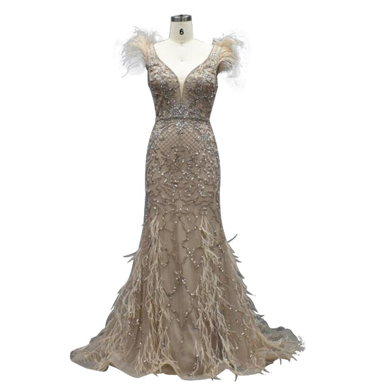 Lilac Mermaid V-Neck Evening Dresses 2025 Feathers Beading Luxury Sexy Formal Dress LA70572