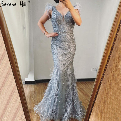 Lilac Mermaid V-Neck Evening Dresses 2025 Feathers Beading Luxury Sexy Formal Dress LA70572