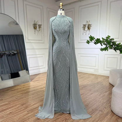 Muslim Sage Green Mermaid Cape Sleeves Beaded Satin Luxury Evening Dresses Gowns for Women Party 2025 LA72413A
