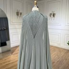Muslim Sage Green Mermaid Cape Sleeves Beaded Satin Luxury Evening Dresses Gowns for Women Party 2025 LA72413A