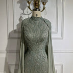 Muslim Sage Green Mermaid Cape Sleeves Beaded Satin Luxury Evening Dresses Gowns for Women Party 2025 LA72413A