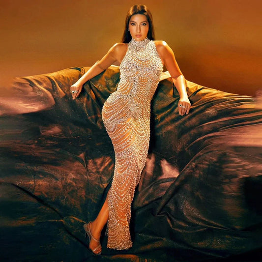 Silber nude Halfter Ärmellose Perlen Perlen Meerjungfrau Abendkleider 2025 Elegante Party Kleider für Frauen LA72091 
