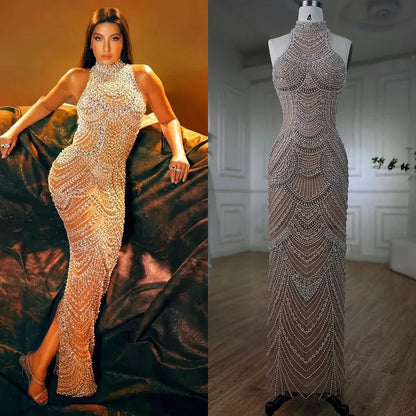 Silber nude Halfter Ärmellose Perlen Perlen Meerjungfrau Abendkleider 2025 Elegante Party Kleider für Frauen LA72091 