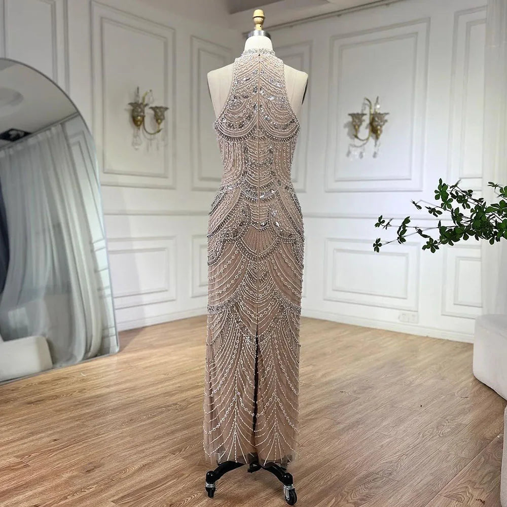 Silber nude Halfter Ärmellose Perlen Perlen Meerjungfrau Abendkleider 2025 Elegante Party Kleider für Frauen LA72091 
