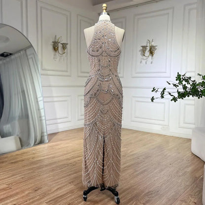 Silber nude Halfter Ärmellose Perlen Perlen Meerjungfrau Abendkleider 2025 Elegante Party Kleider für Frauen LA72091 