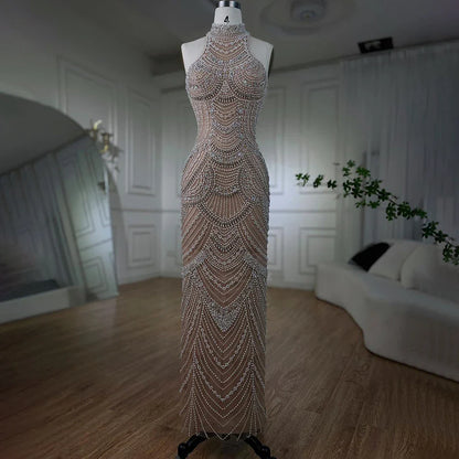 Silber nude Halfter Ärmellose Perlen Perlen Meerjungfrau Abendkleider 2025 Elegante Party Kleider für Frauen LA72091 