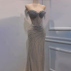 Sliver nude Boat Neck Split Mermaid Elegant Beaded Tassel Evening Dresses Gowns For Woman Wedding Party 2025 LA72391
