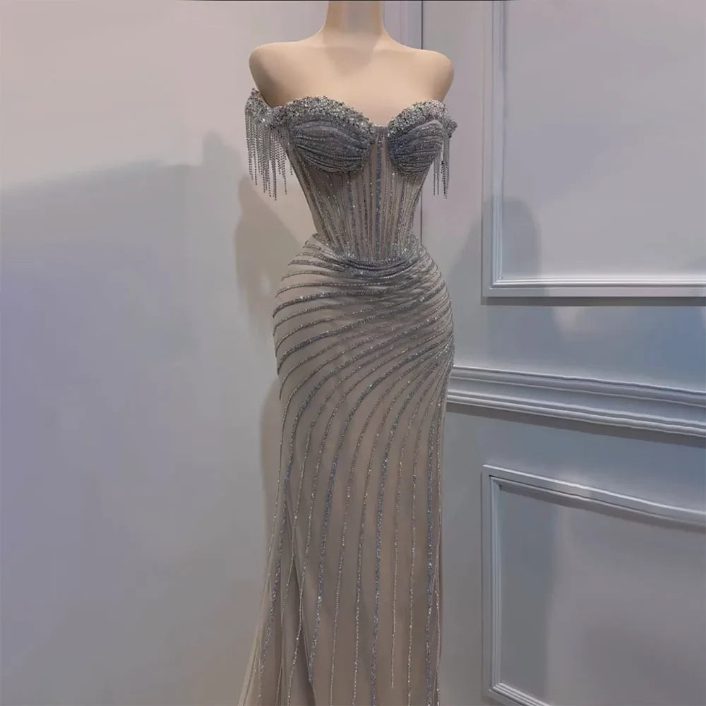 Splitter nude Boot-ausschnitt Split Meerjungfrau Elegante Perlen Quaste Abendkleider Kleider Für Frau Hochzeit Party 2025 LA72391 