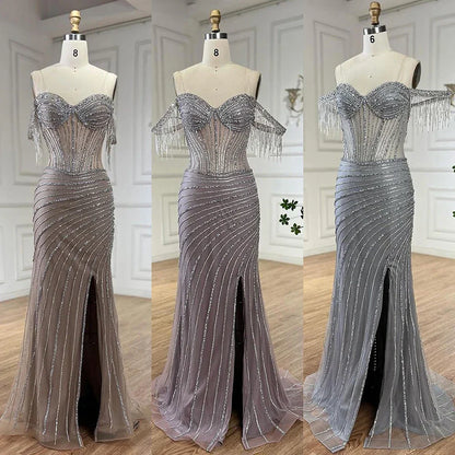 Splitter nude Boot-ausschnitt Split Meerjungfrau Elegante Perlen Quaste Abendkleider Kleider Für Frau Hochzeit Party 2025 LA72391 