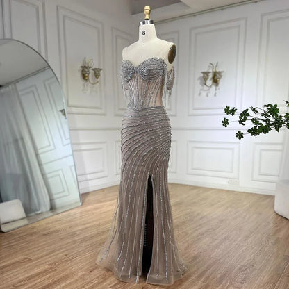 Splitter nude Boot-ausschnitt Split Meerjungfrau Elegante Perlen Quaste Abendkleider Kleider Für Frau Hochzeit Party 2025 LA72391 