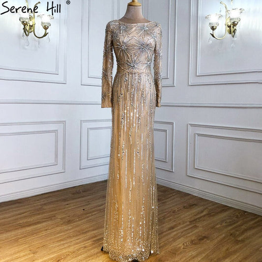 Ｍuslim Champagne Elegant Evening Dresses Gowns 2025 Mermaid Luxury Beaded For Woman Wedding Party LA71191