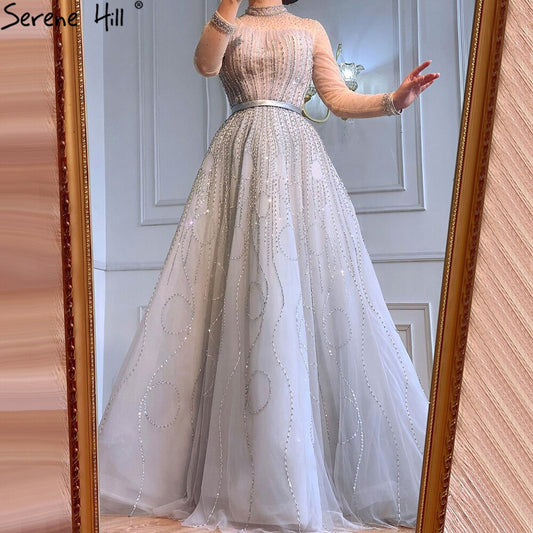 Ｍuslim Grey A-Line Luxury Evening Dresses Gowns 2025 Long Sleeves Beading For Woman Wedding Party LA71014