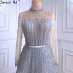 Ｍuslim Grey A-Line Luxury Evening Dresses Gowns 2025 Long Sleeves Beading For Woman Wedding Party LA71014