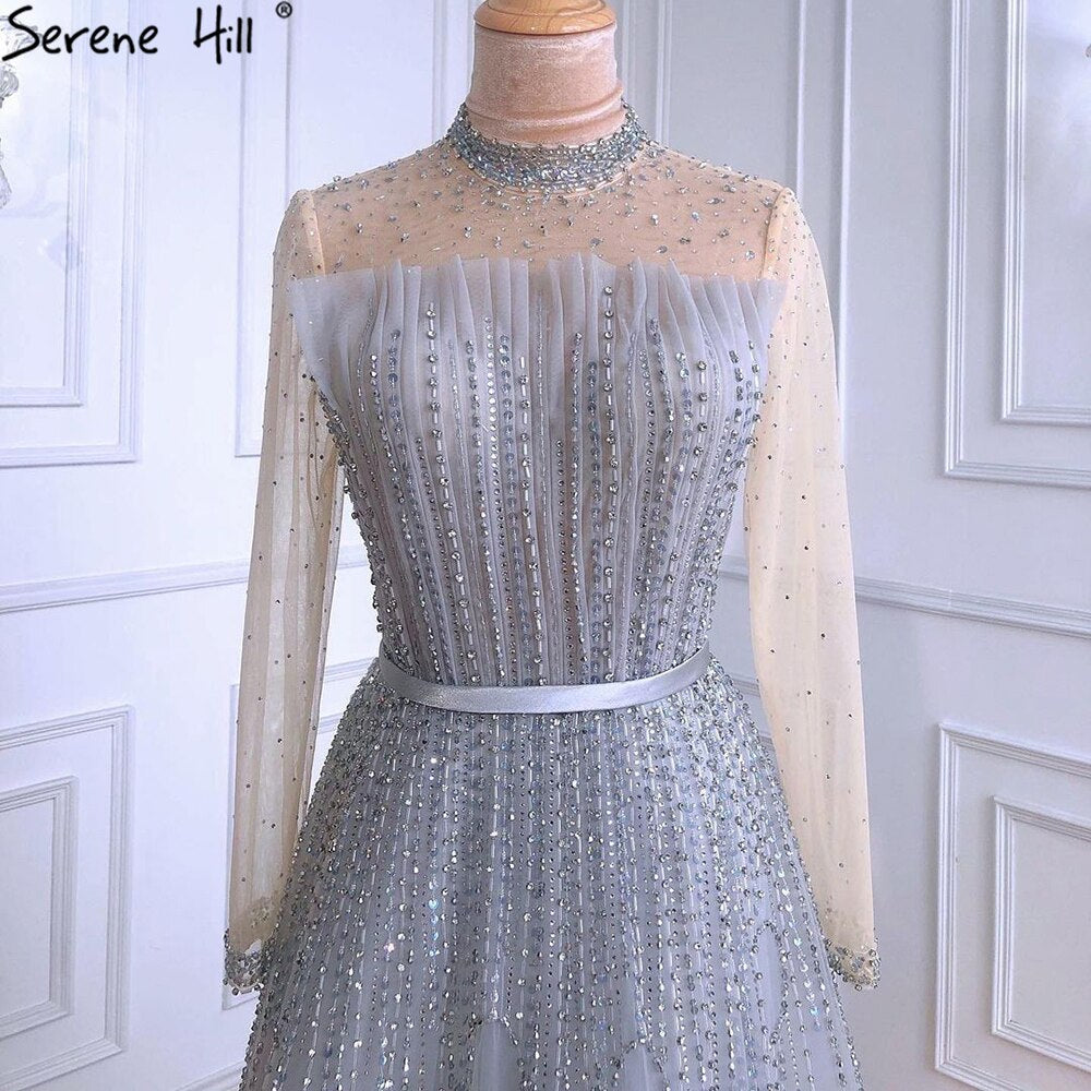 Ｍuslim Grey A-Line Luxury Evening Dresses Gowns 2025 Long Sleeves Beading For Woman Wedding Party LA71014