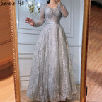 Vestidos de noche musulmanes de lujo en gris, corte A, con cuentas y mangas largas, para mujer, para bodas y fiestas, LA70819 