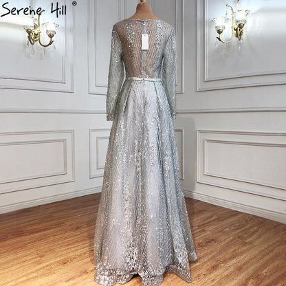 Ｍuslim Luxury Grey Evening Dresses Gowns 2025 A-Line Beading Long Sleeves For Woman Wedding Party LA70819