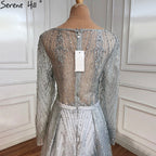 Vestidos de noche musulmanes de lujo en gris, corte A, con cuentas y mangas largas, para mujer, para bodas y fiestas, LA70819 